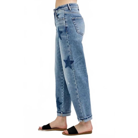 NEW RISEN star shadow mid rise boyfriend cuffed jeans in medium wash - Picture 2 of 3